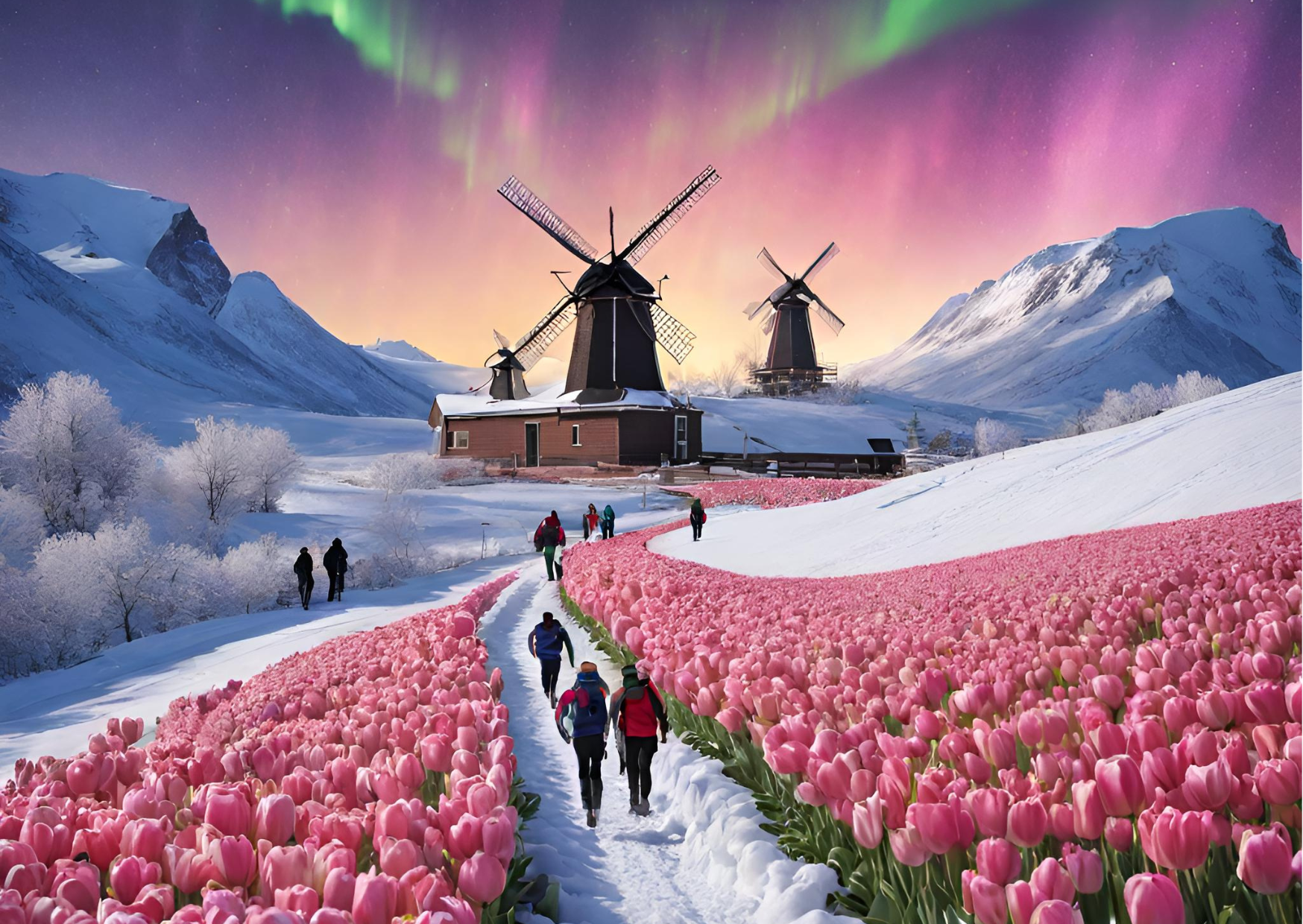 AI created image with windmills and northern lights