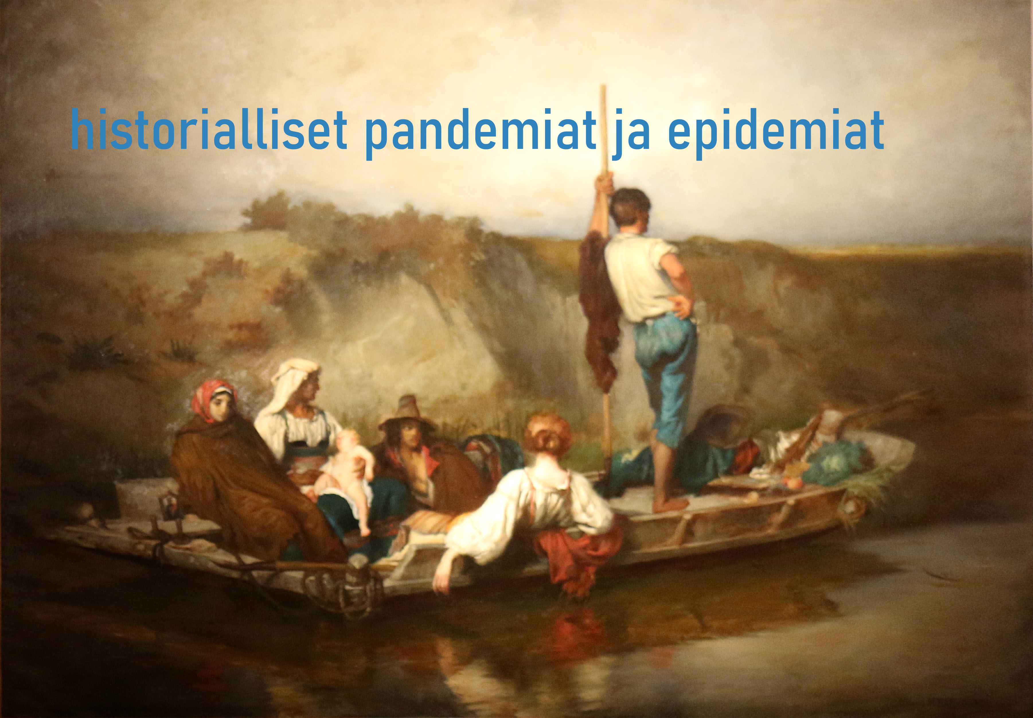 Maalaus, jossa useita ihmisiä istuu ja yksi seisoo veneessä, joka lipuu ruskeasävyisessä vedessä